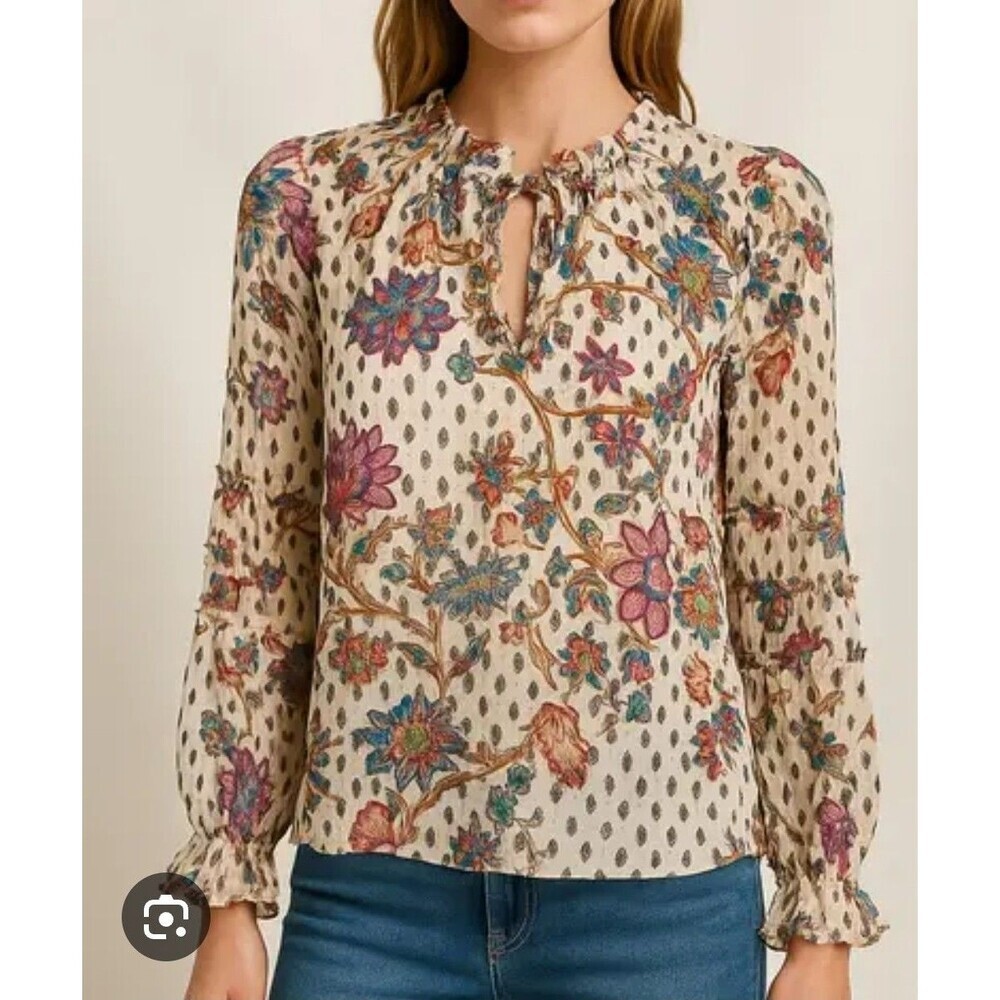 Loft  Top Sparkle Shimmer Vine Lined Puff Sleeve Ruffle Boho Floral Gold Sz M